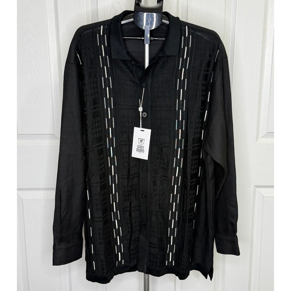 Stacy Adams Mens 3XL Black Knit Button Up Long Sleeve Shirt NWT 9356